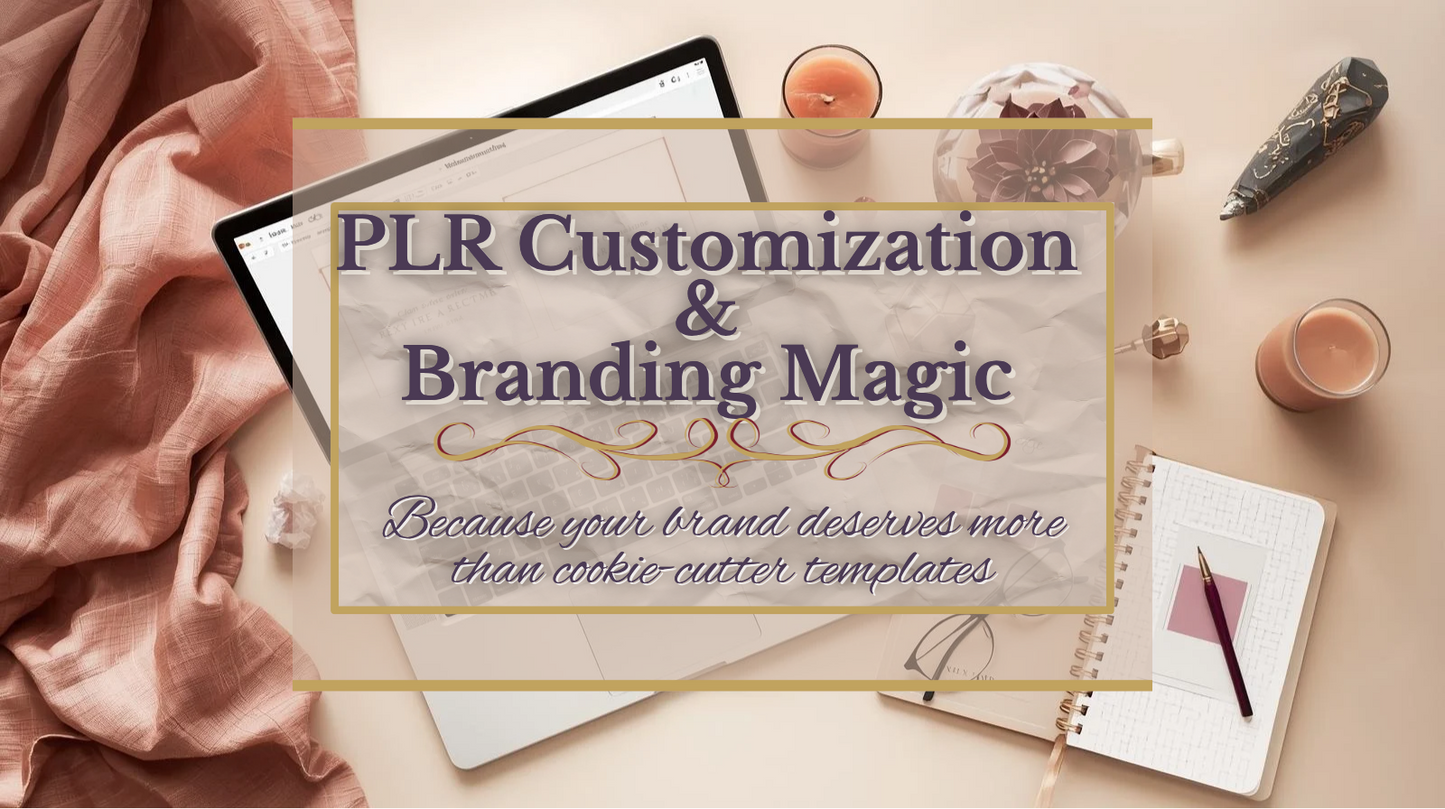Promotional graphic for PLR customization and branding services with a laptop, notebook, and coffee on a desk.